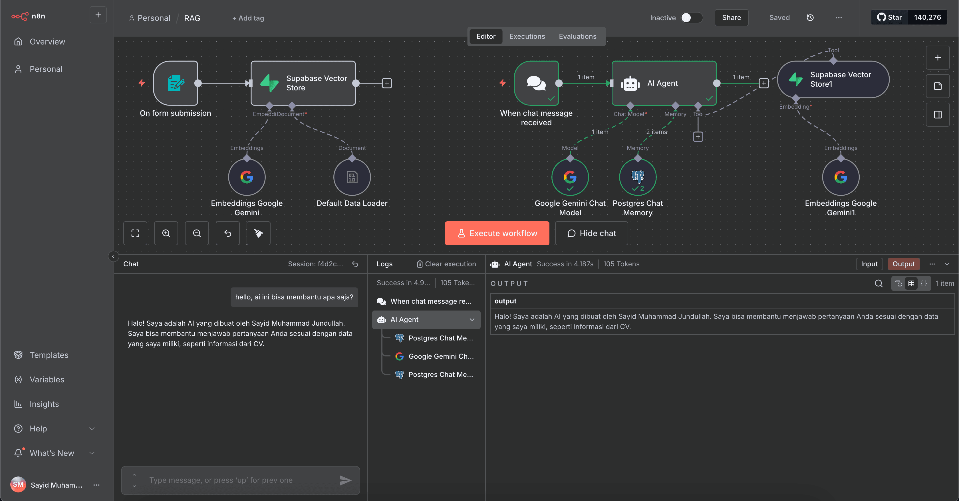 Personalized AI Assistant with N8N, Gemini, and RAG.